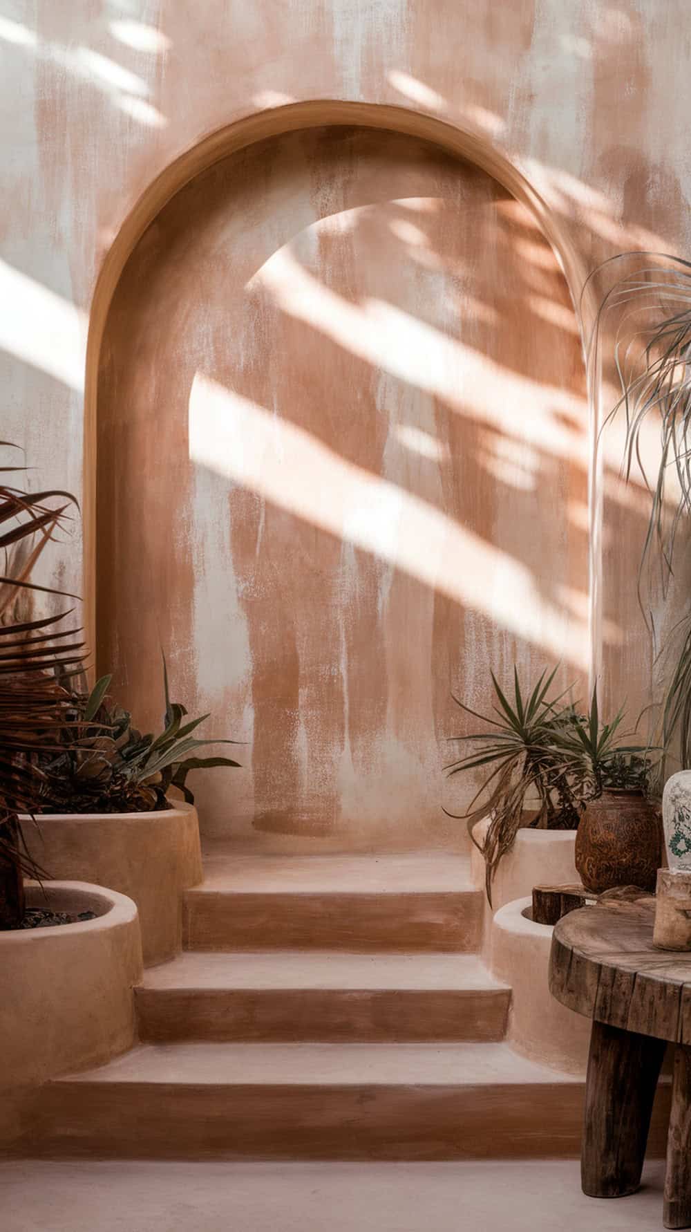 A soft earth-toned limewash wall with an arch and plants, creating a warm and inviting atmosphere.