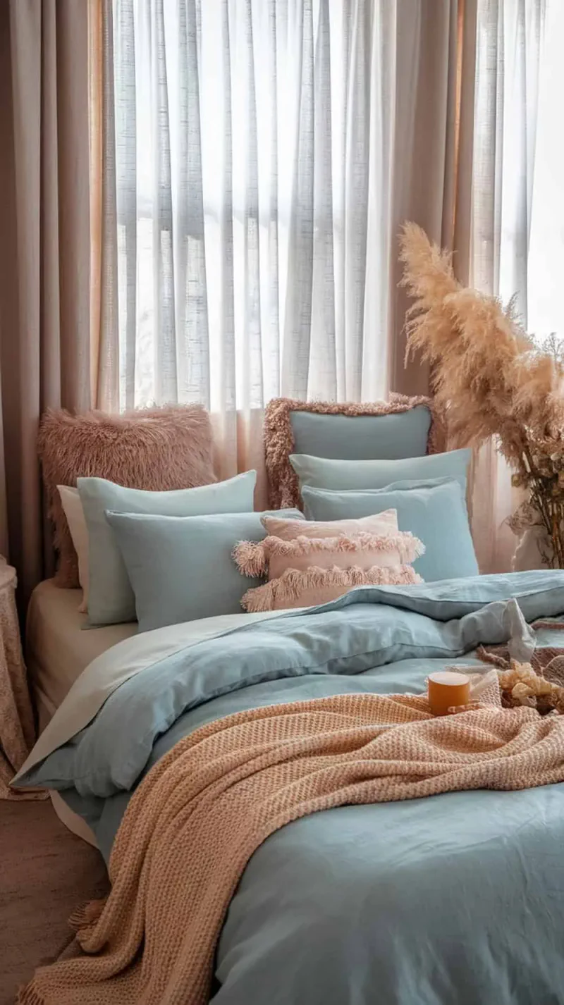 A cozy bedroom featuring soft French blue linen bedding, fluffy pillows, and warm textured throws.