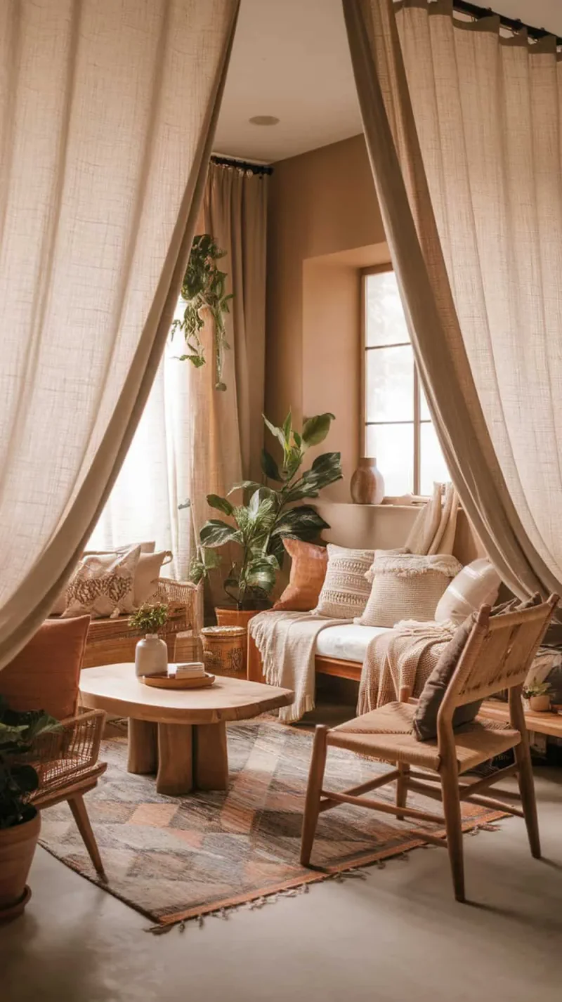 A cozy living room featuring soft beige linen curtains, natural wood furniture, and plants.