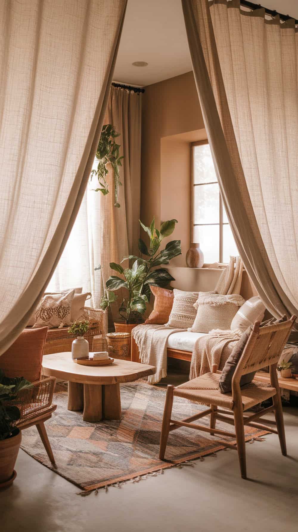 A cozy living room featuring soft beige linen curtains, natural wood furniture, and plants.