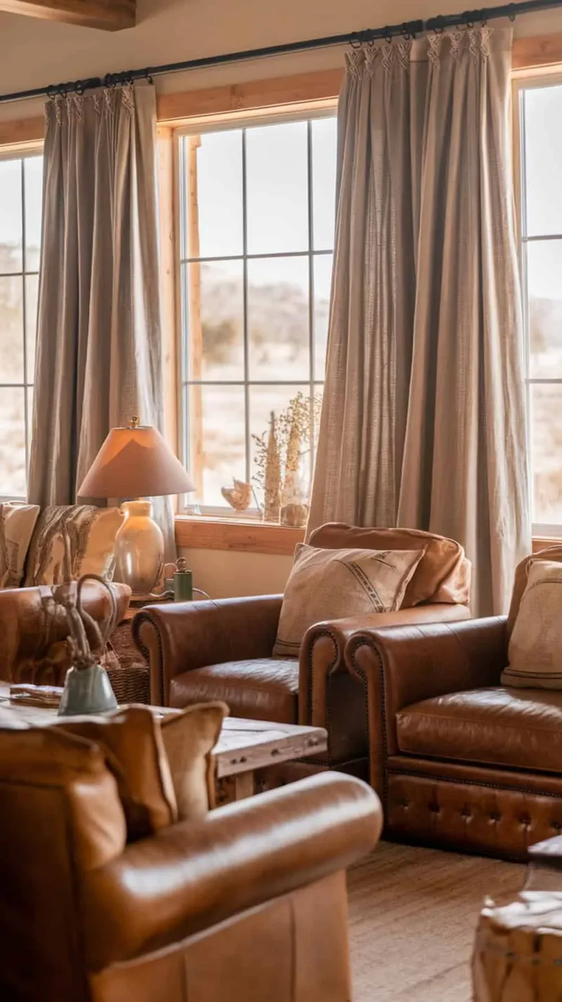 A cozy living room featuring linen curtains and leather furniture.