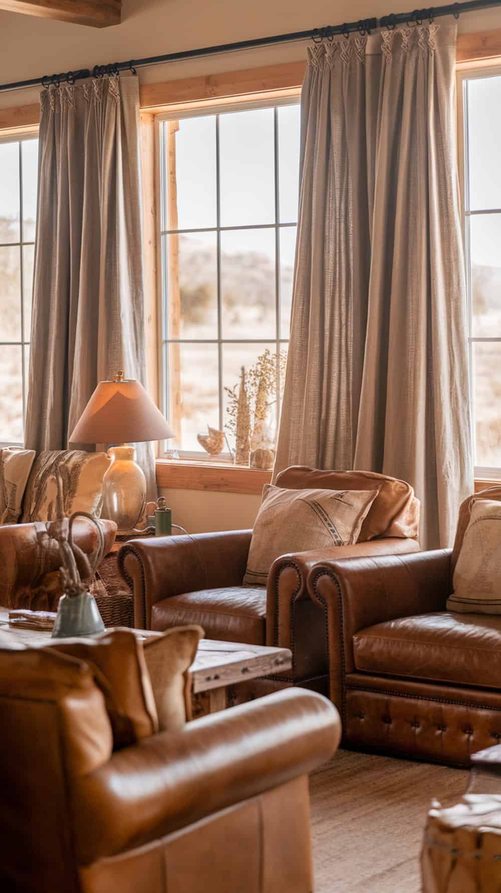 A cozy living room featuring linen curtains and leather furniture.