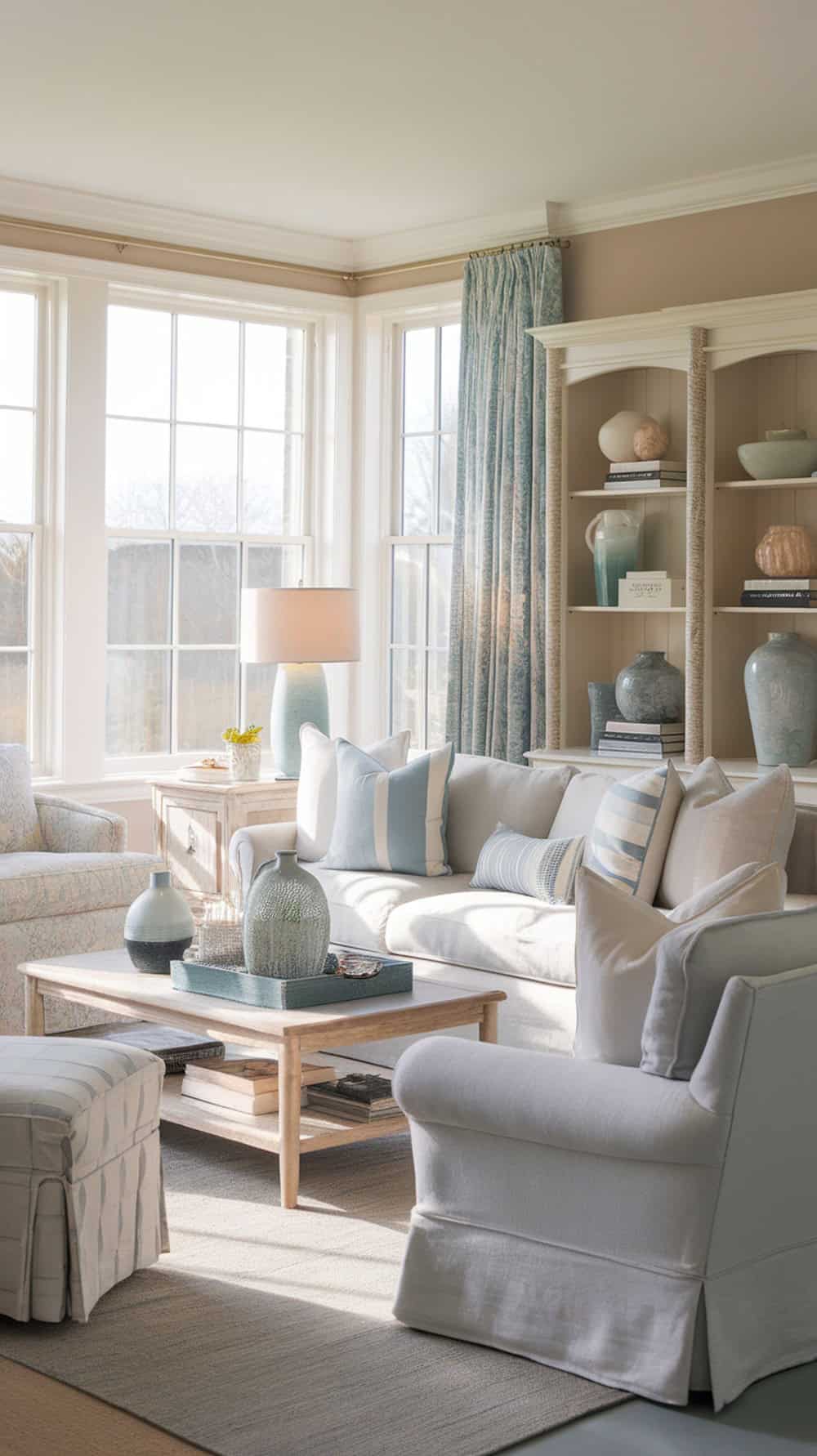 A cozy coastal cottage living room featuring linen upholstered furniture, soft textures, and natural light.
