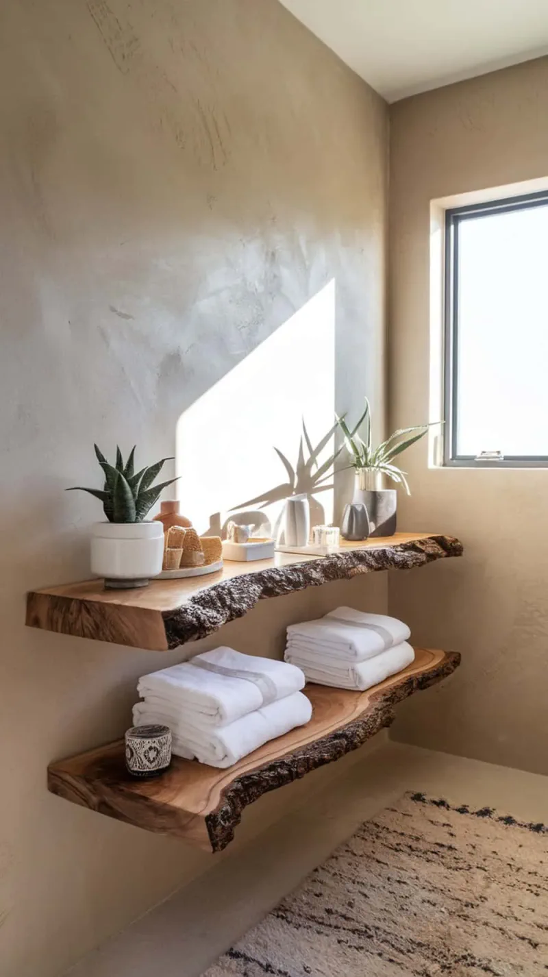 Live edge wood shelves with towels and plants in a modern rustic bathroom.