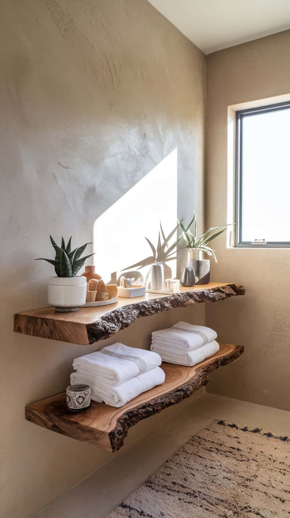 Live edge wood shelves with towels and plants in a modern rustic bathroom.
