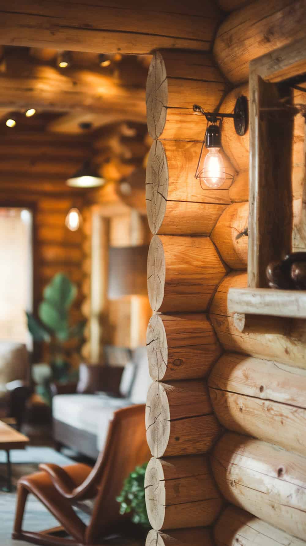 Interior of a log cabin with knotty pine walls and rustic decor