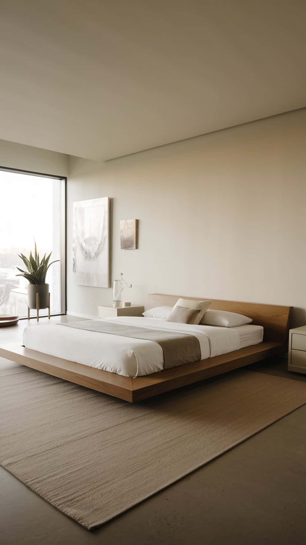 A modern bedroom featuring a low platform bed with clean lines, natural wood finish, and minimal decor.