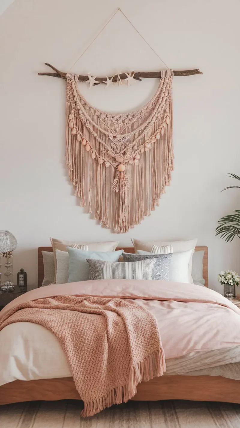 A macramé wall hanging with seashells and starfish, hanging above a bed with soft pink and blue bedding.