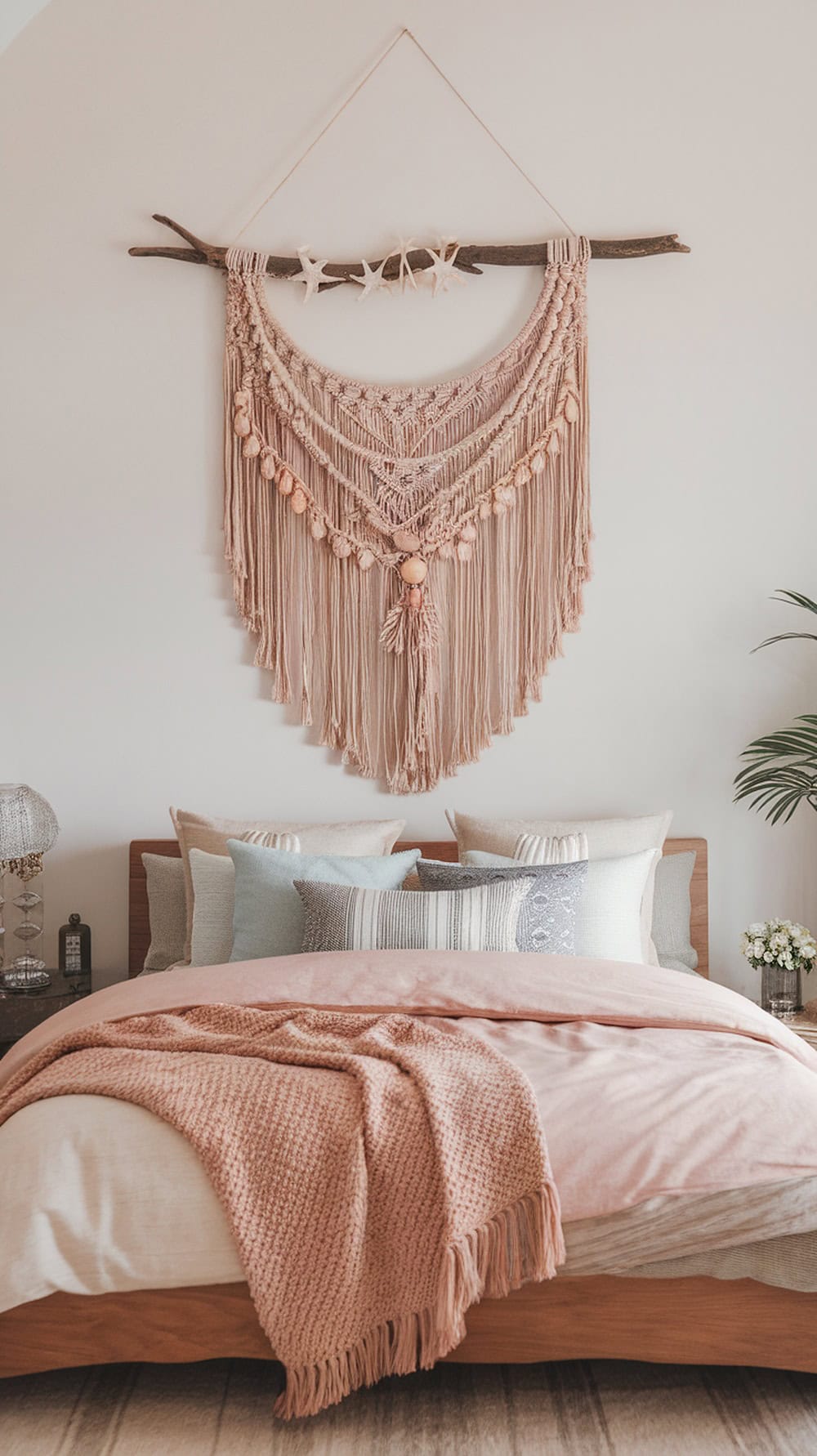 A macramé wall hanging with seashells and starfish, hanging above a bed with soft pink and blue bedding.