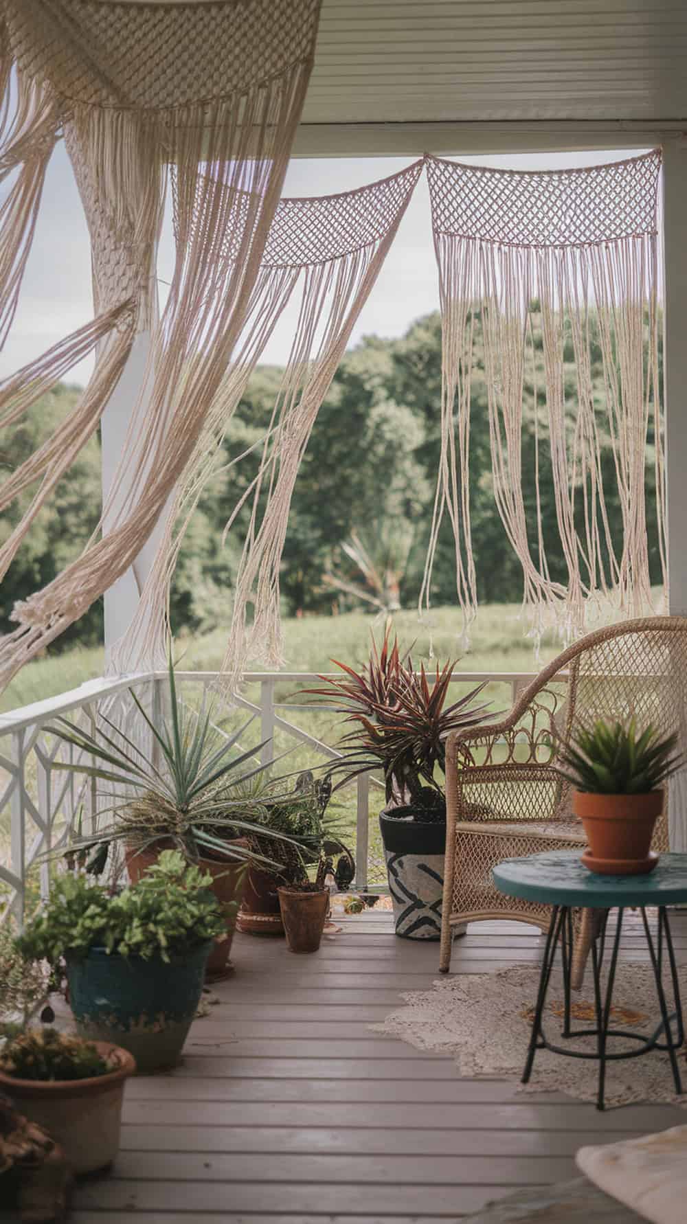 A porch with macrame curtains, potted plants, and a cozy chair.