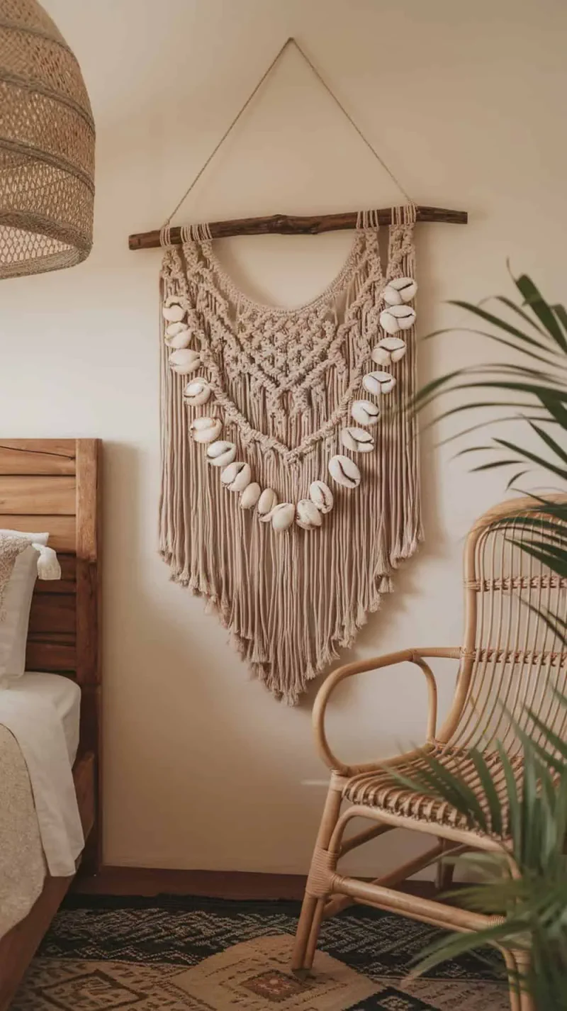 Macrame wall hanging with seashell accents in a boho coastal bedroom