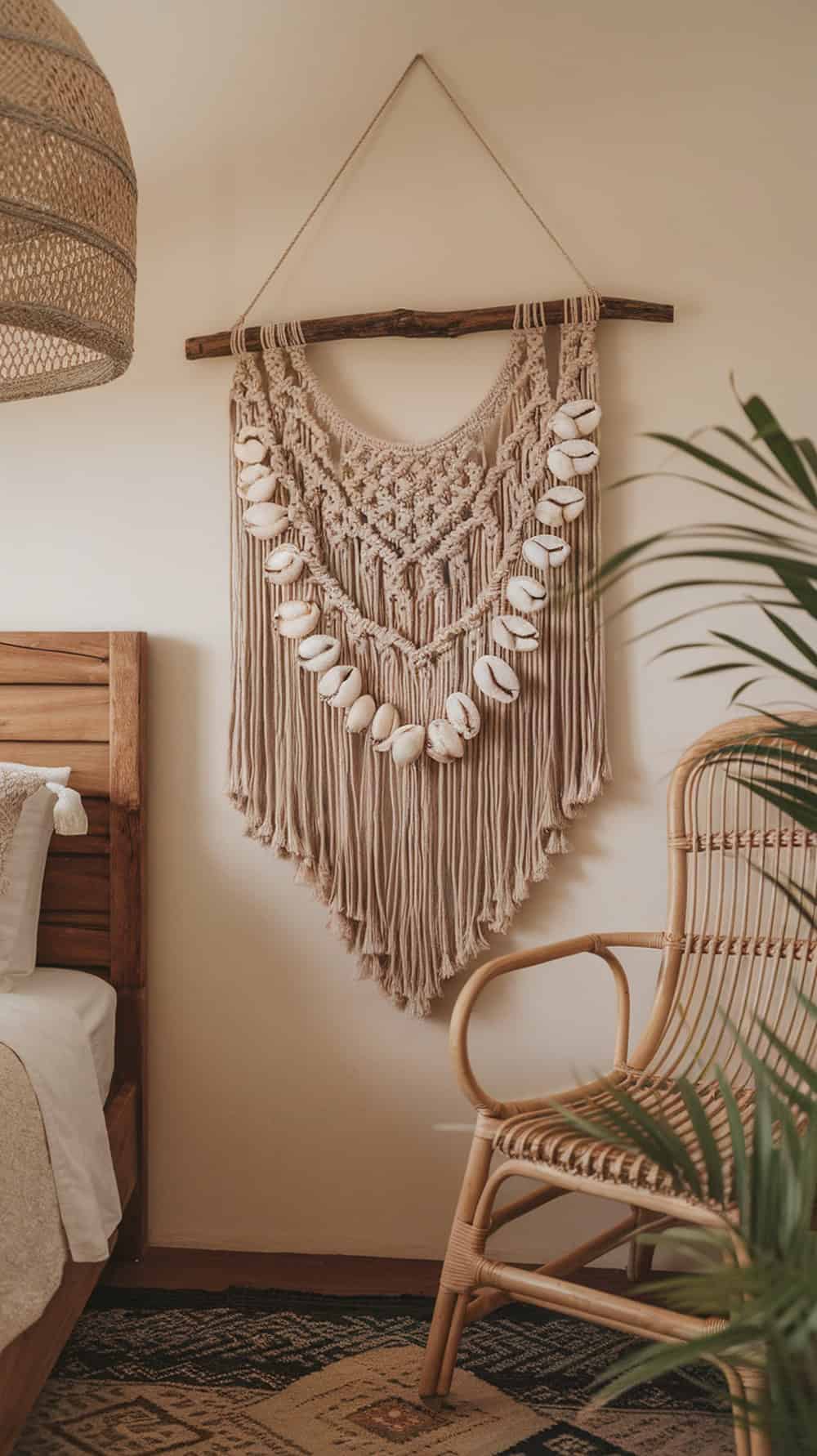 Macrame wall hanging with seashell accents in a boho coastal bedroom