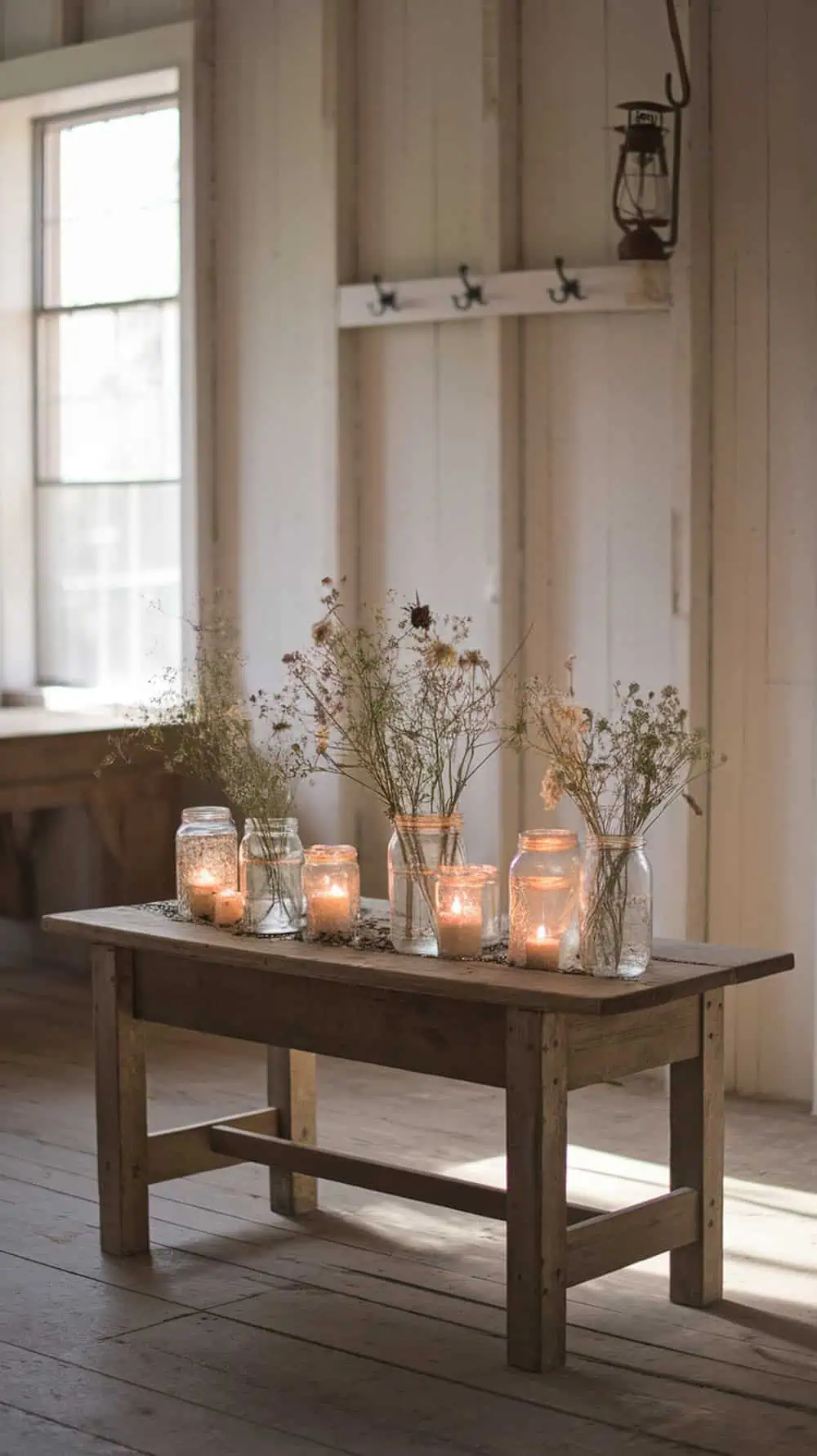 A rustic table with mason jars filled with flowers and candles, creating a cozy atmosphere.