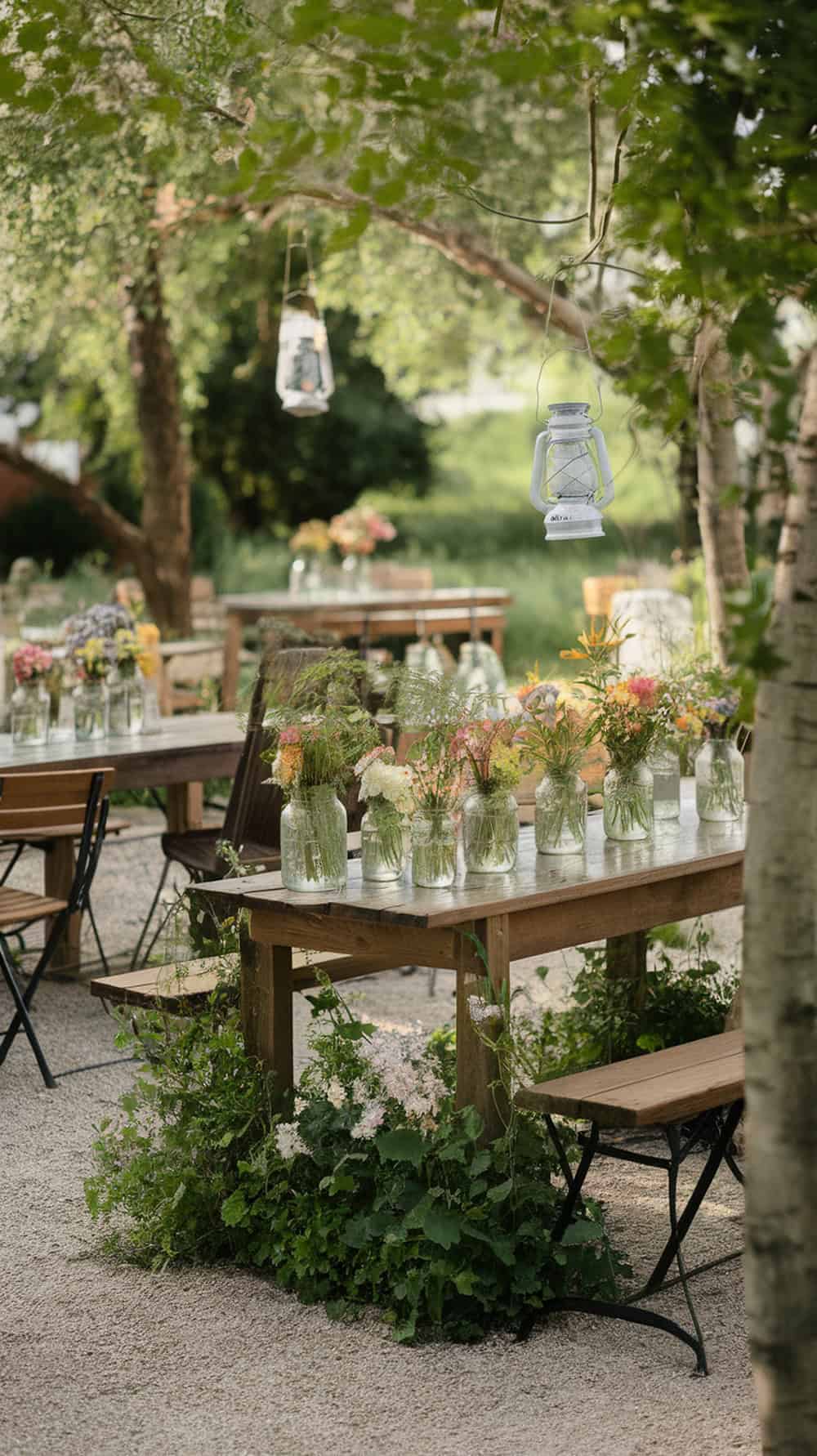 Mason jars filled with flowers on tables in a garden setting