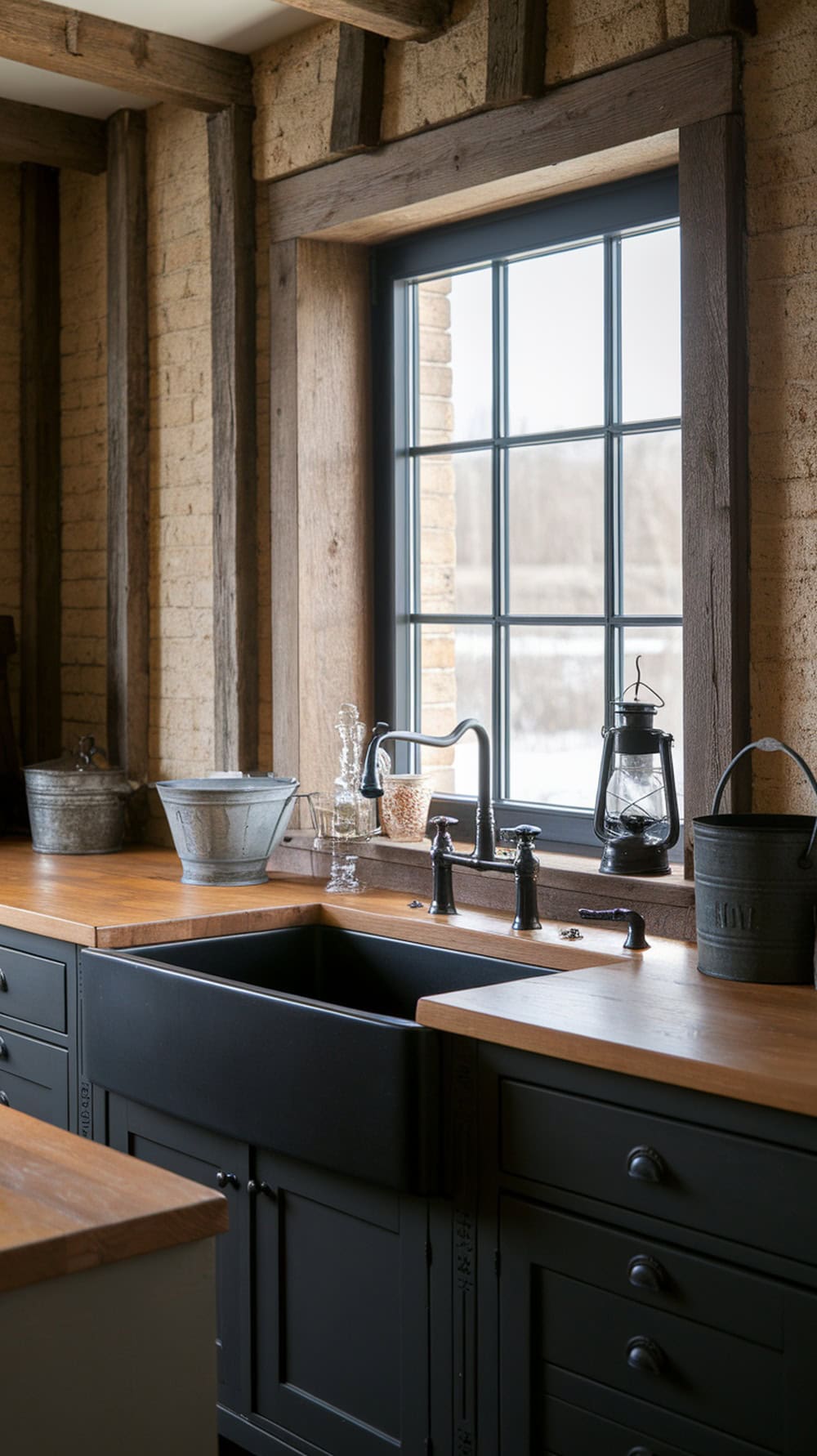 A matte black farmhouse sink with wood countertops and rustic decor in a cozy kitchen.