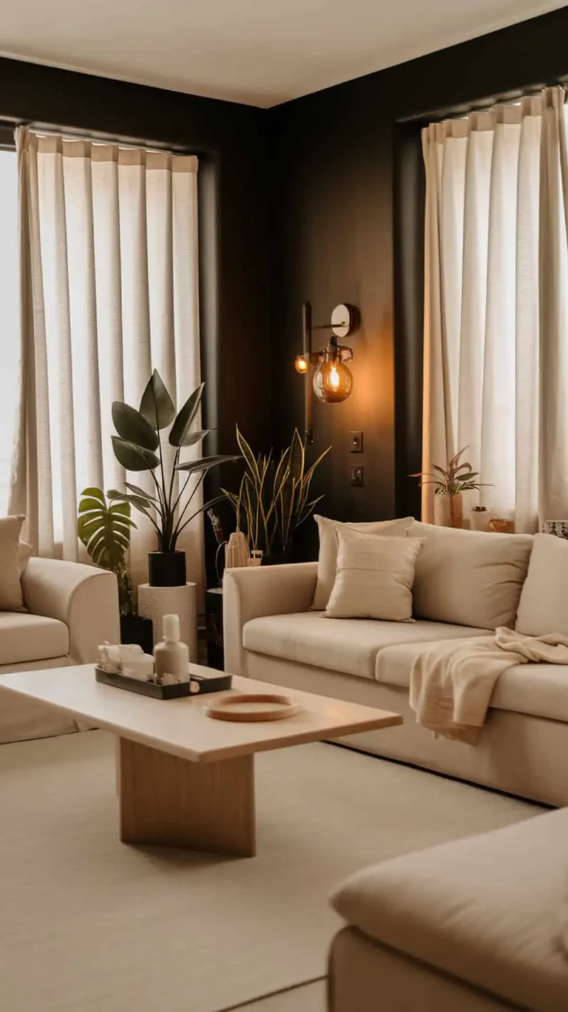A cozy living room with matte black walls, neutral sofas, and indoor plants.