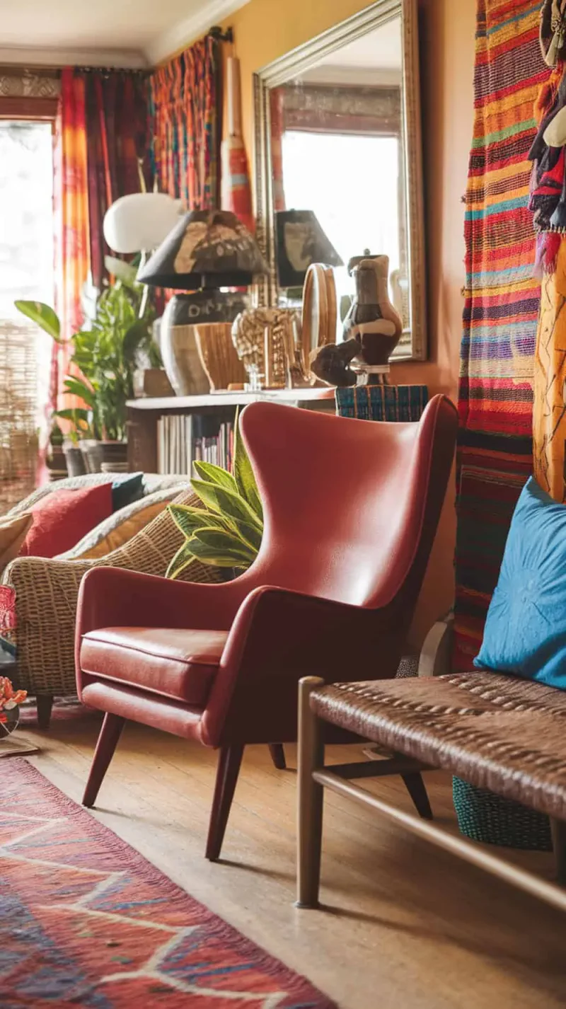 A mid-century red chair next to a woven bench in a colorful living room