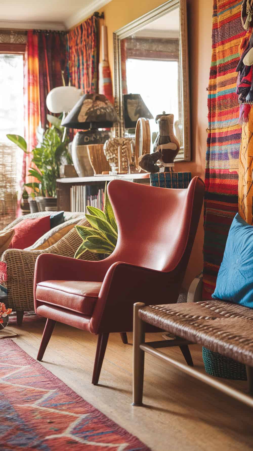 A mid-century red chair next to a woven bench in a colorful living room