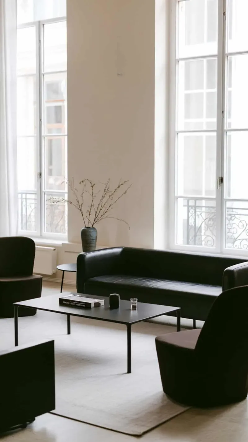 A minimalistic living room featuring black furniture with clean lines, large windows, and a simple coffee table.