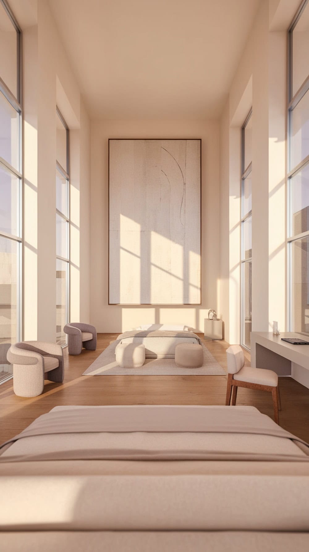 A minimalist bedroom featuring soft colors, large artwork, and modern furniture.