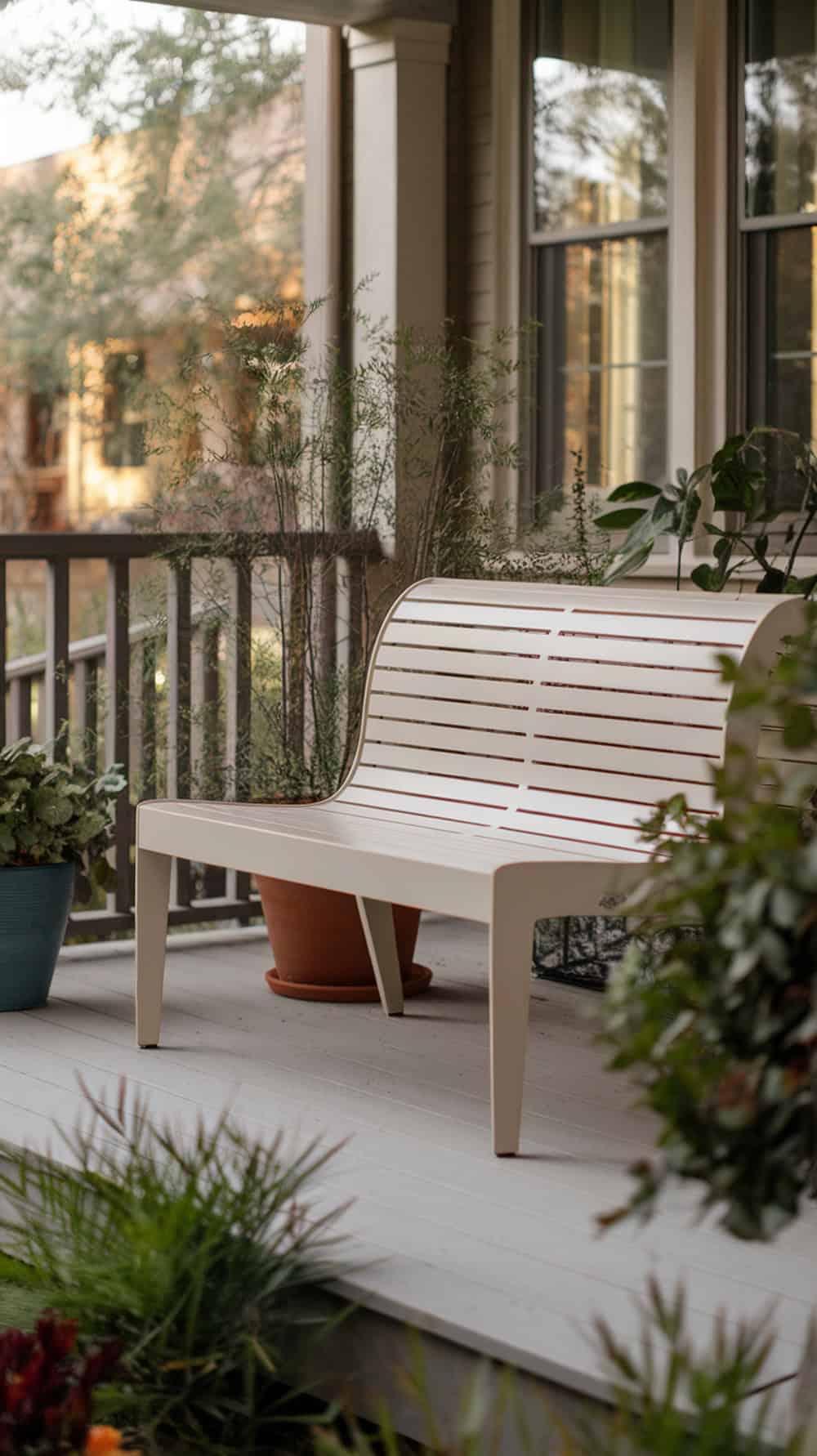 A minimalist slatted bench with clean edges on a porch surrounded by plants.