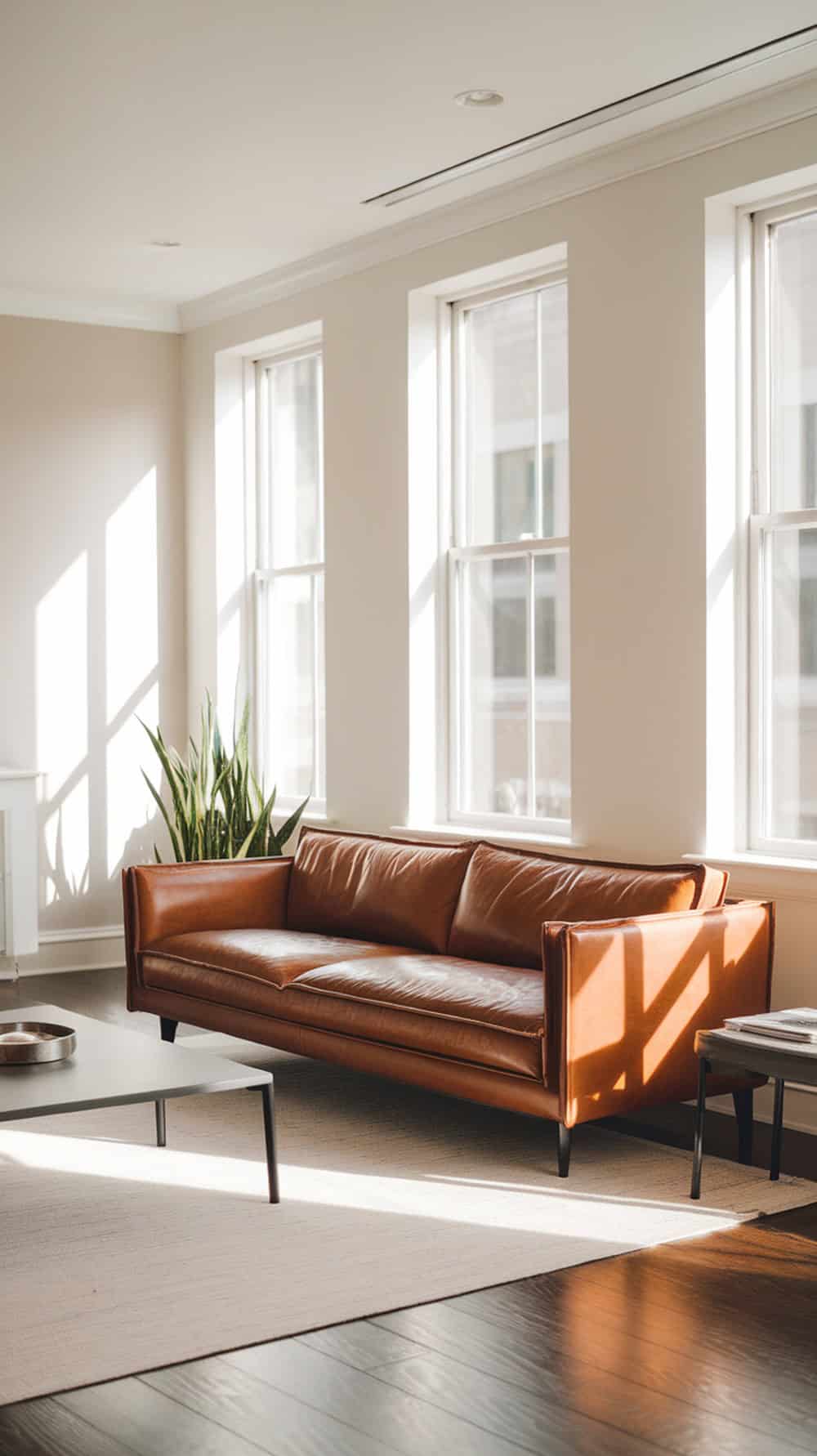 A minimalist living room featuring a sleek brown leather sofa, large windows, and a simple coffee table.