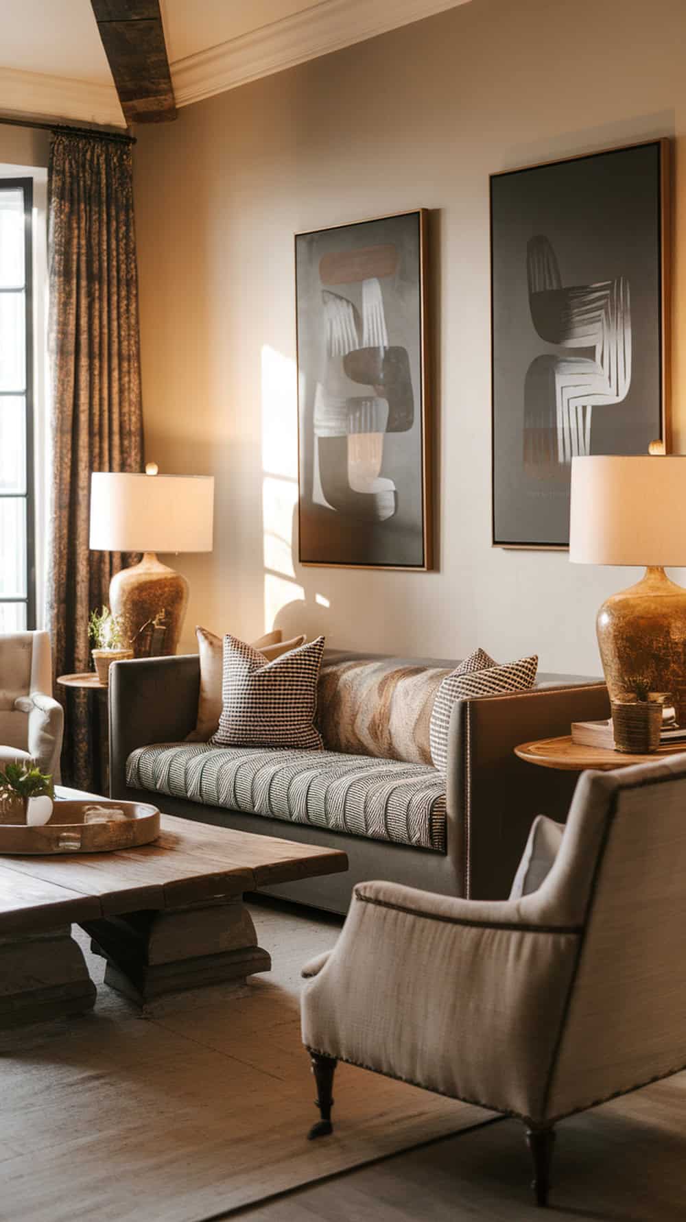 A cozy living room featuring a mix of modern and vintage decor, including a patterned sofa, vintage lamps, and a rustic wooden coffee table.