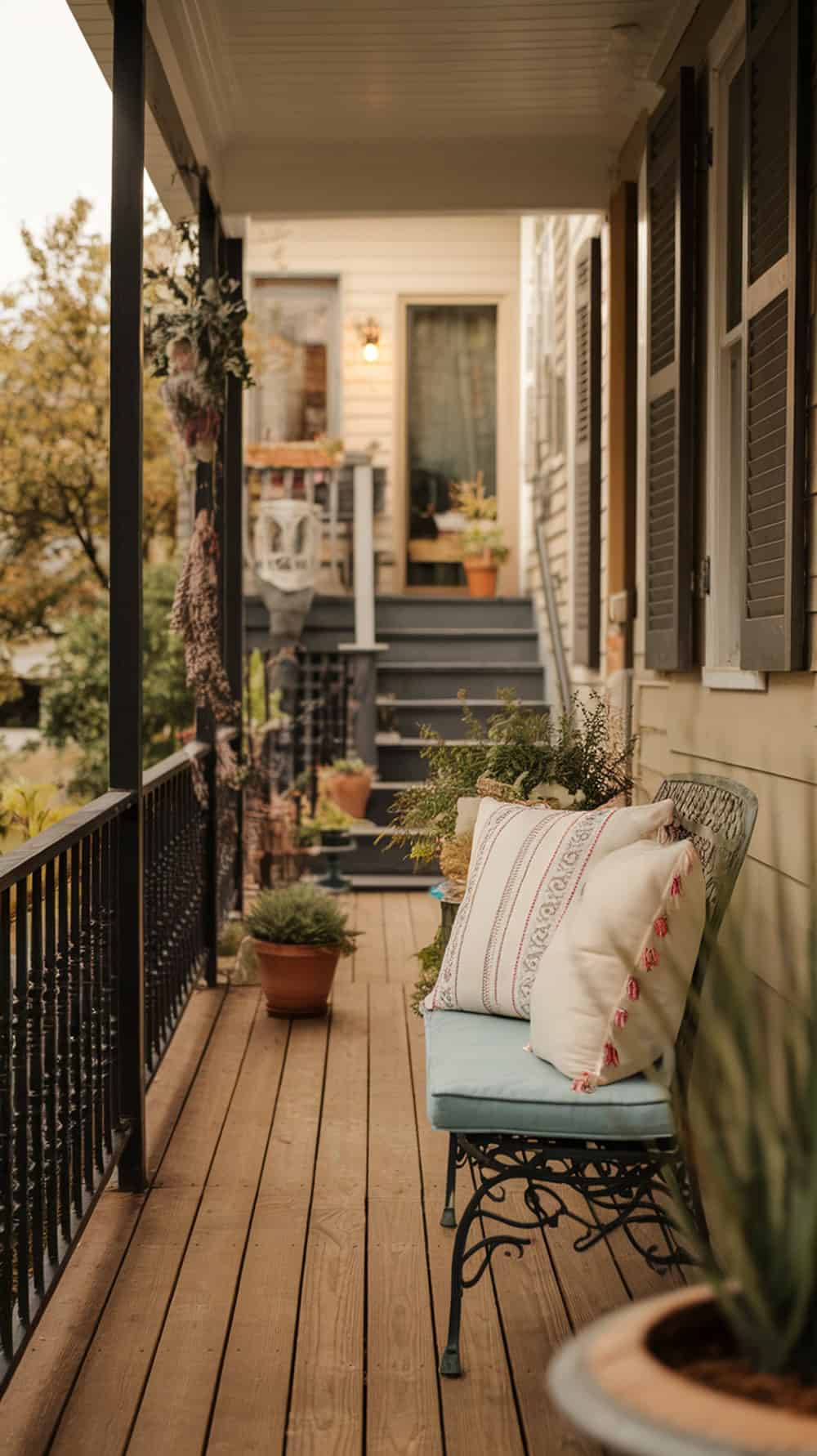 A narrow front porch featuring a wooden floor, a metal bench with colorful pillows, and potted plants.