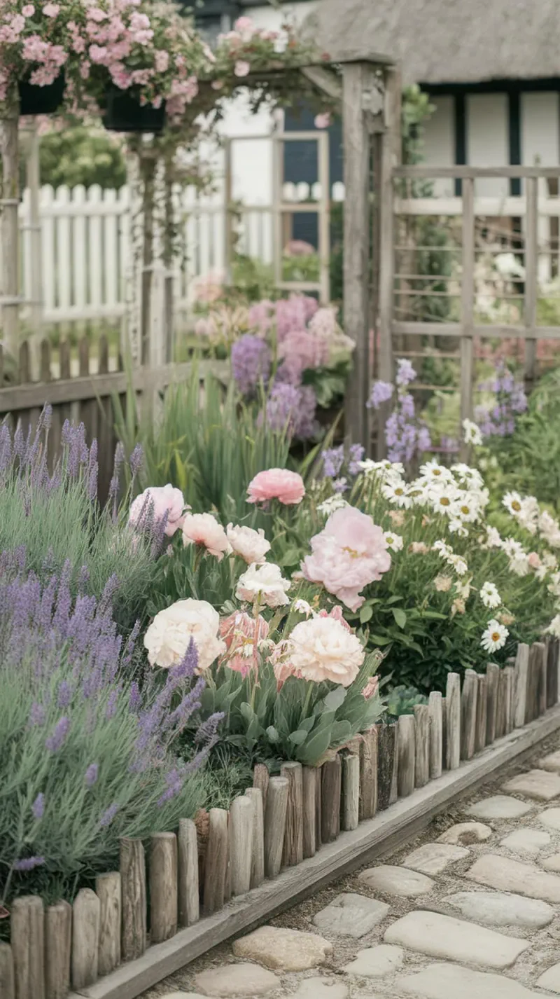 A beautiful mixed flower bed with soft colors, featuring peonies, lavender, and daisies, bordered by rustic wood.
