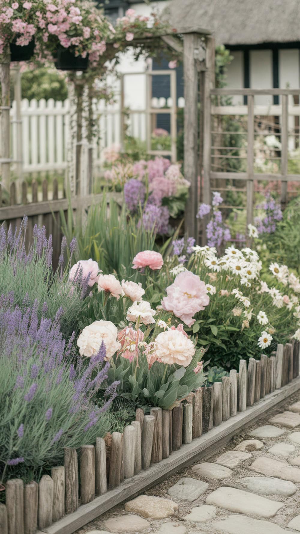 A beautiful mixed flower bed with soft colors, featuring peonies, lavender, and daisies, bordered by rustic wood.