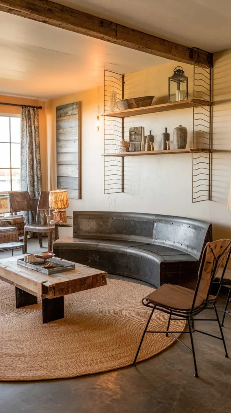 A living room featuring a mix of reclaimed wood and metal furniture, with a cozy atmosphere.