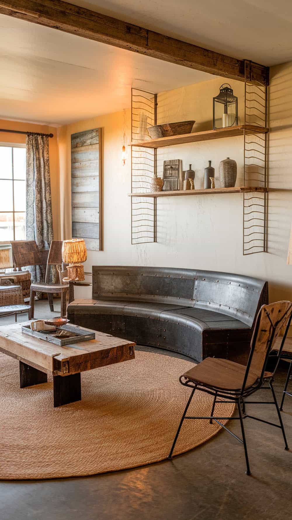 A living room featuring a mix of reclaimed wood and metal furniture, with a cozy atmosphere.