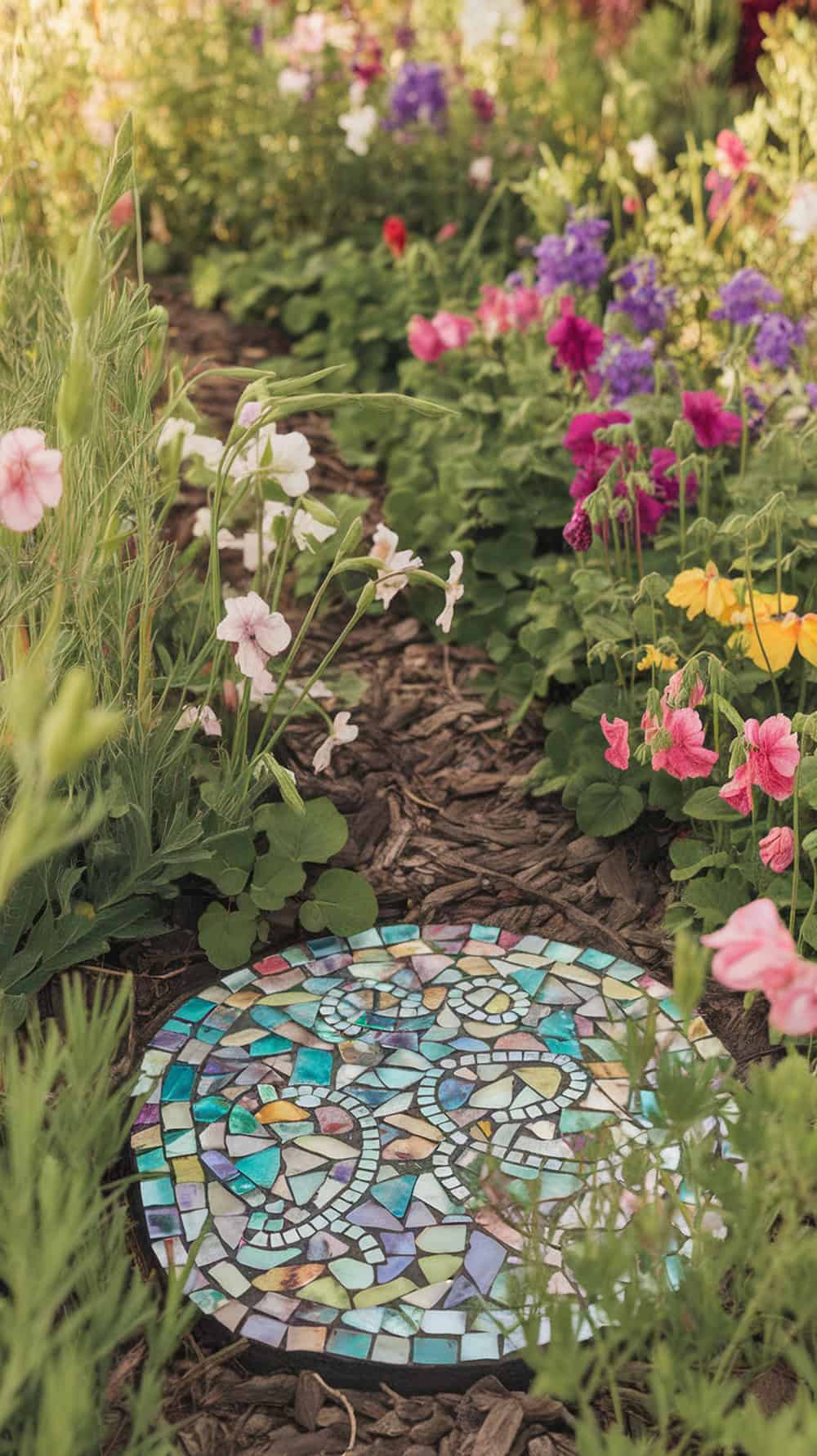 Colorful mosaic stepping stone made of shells and sea glass surrounded by flowers