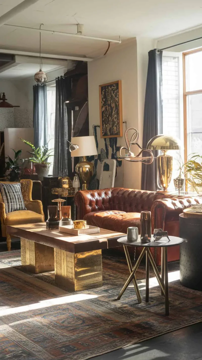 A cozy living room featuring a mix of metal finishes, including gold and bronze, with a brown couch and rustic coffee table.