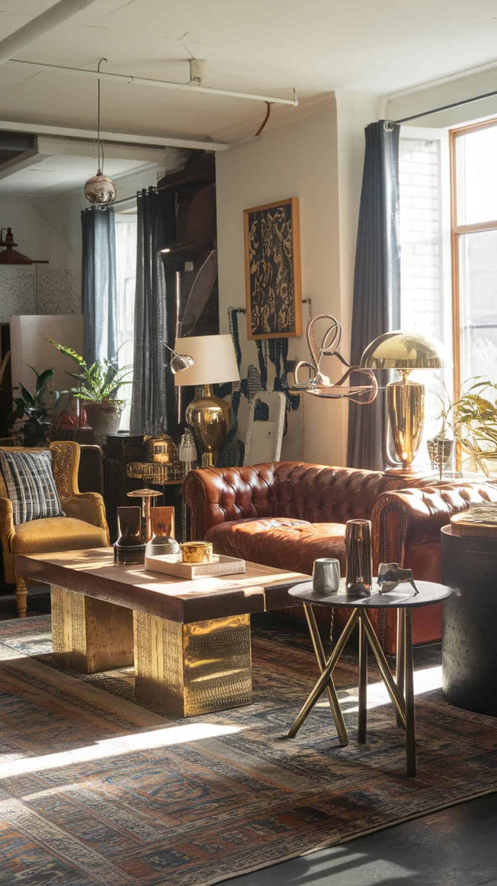 A cozy living room featuring a mix of metal finishes, including gold and bronze, with a brown couch and rustic coffee table.