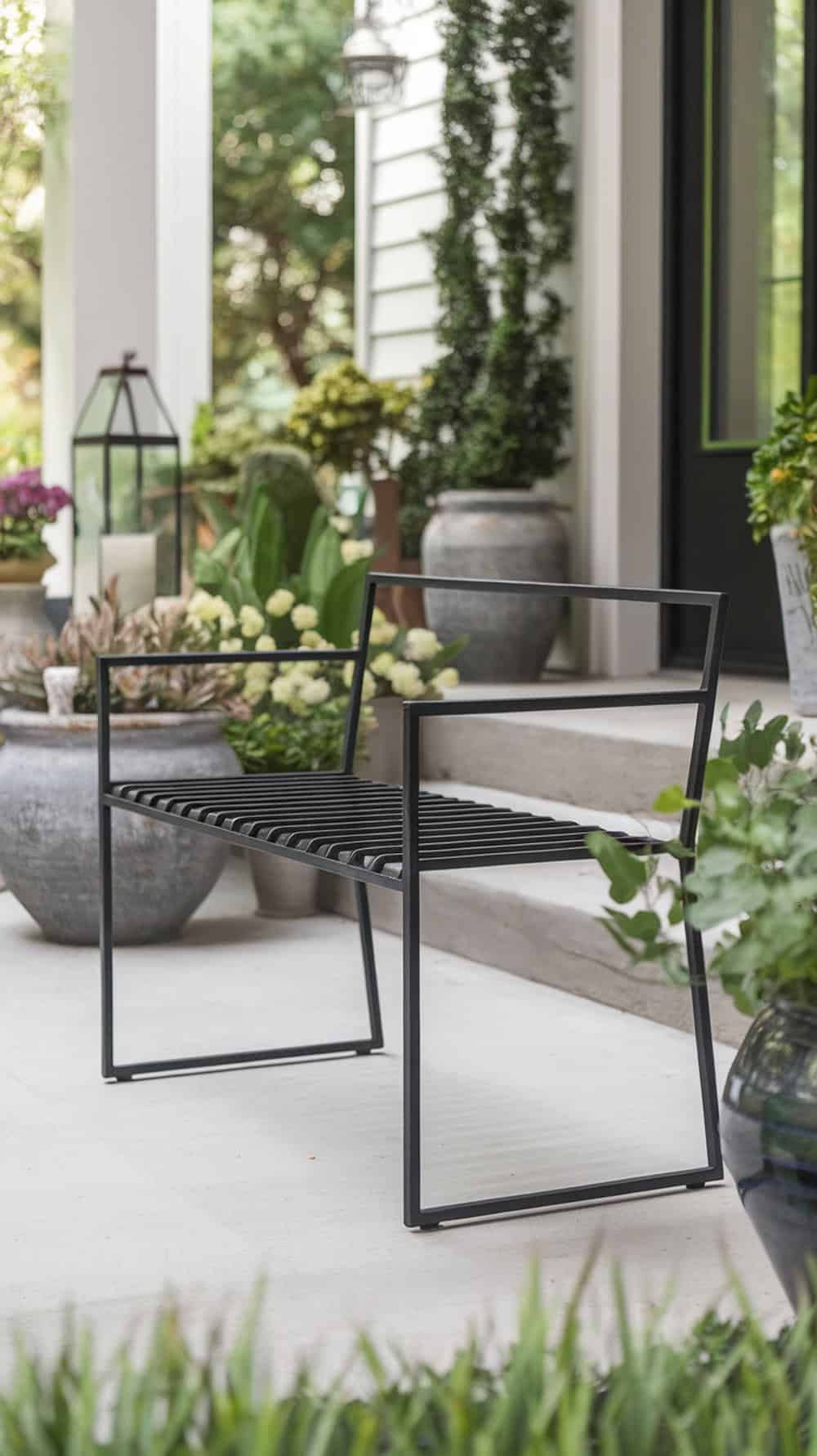 A modern black metal bench with simple lines, placed on a porch surrounded by greenery and decorative pots.