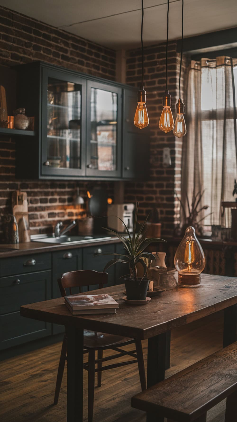A rustic kitchen with moody lighting featuring Edison bulbs hanging above a wooden table.
