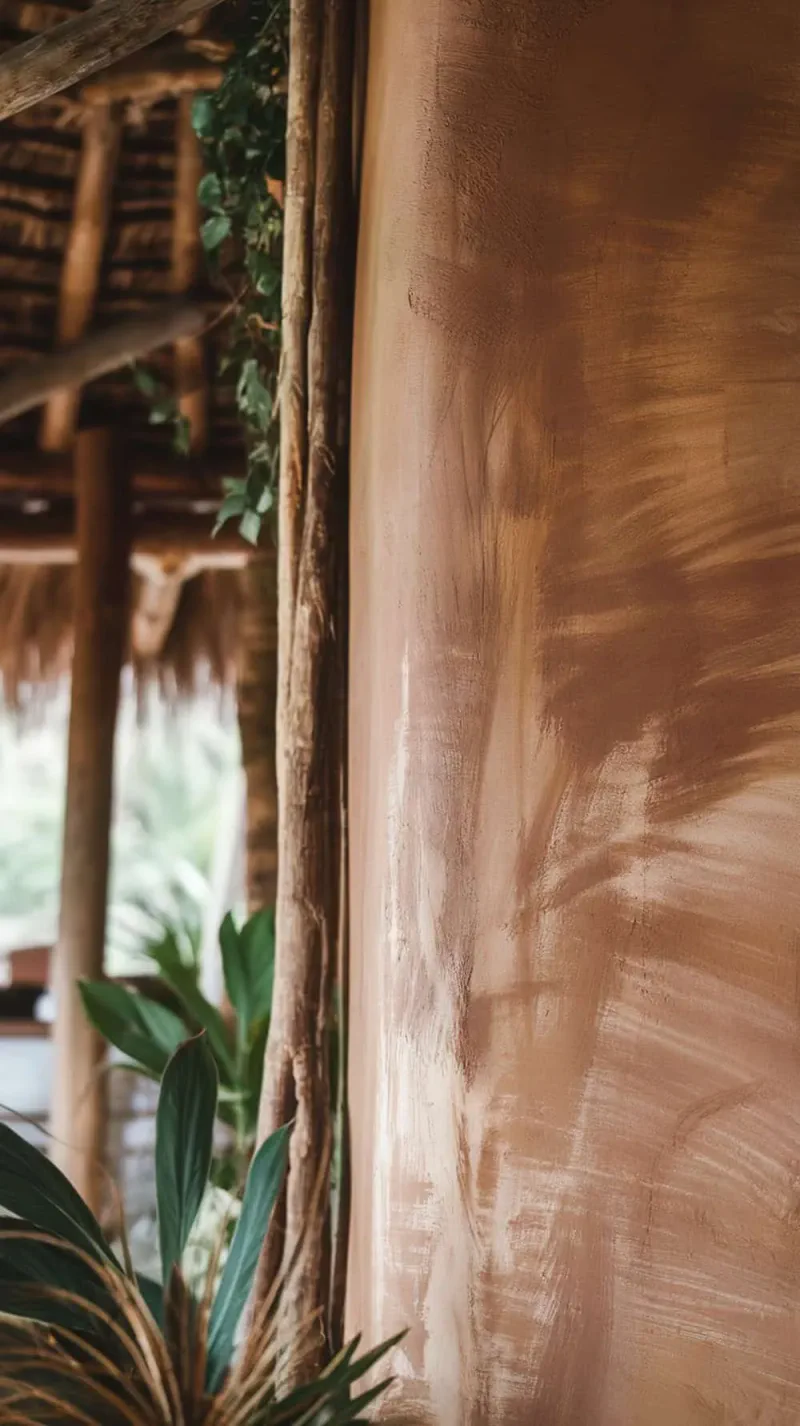 A close-up of a mud clay wall with natural texture and greenery around it.