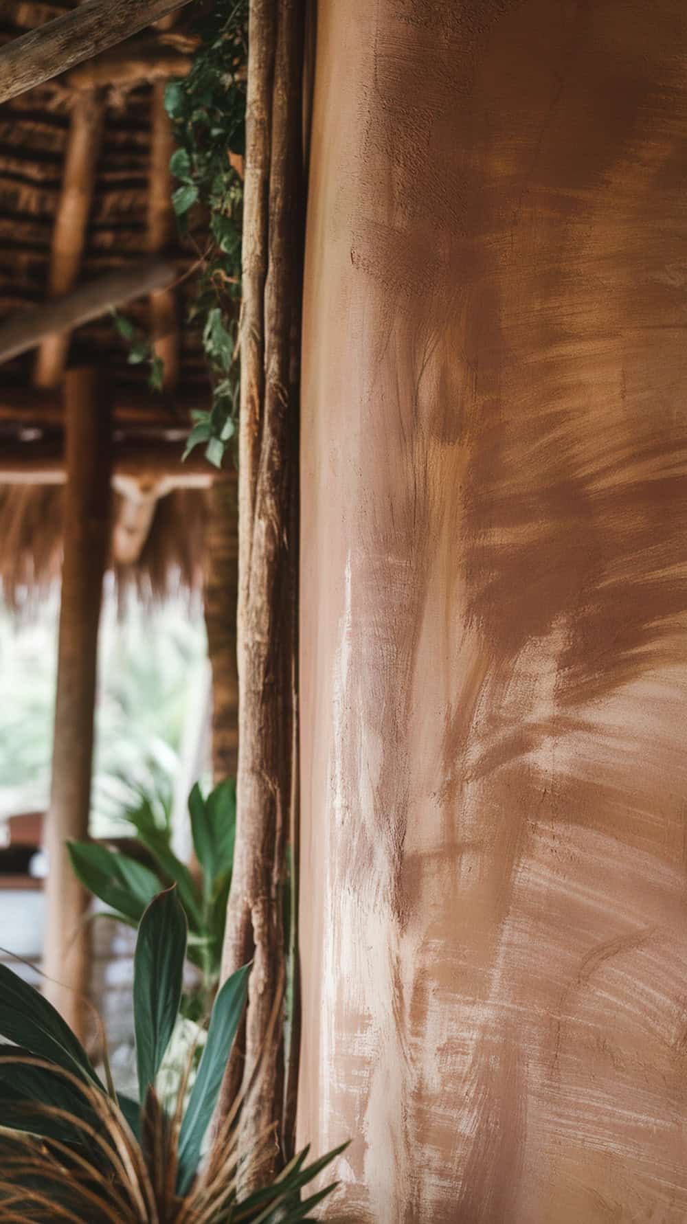 A close-up of a mud clay wall with natural texture and greenery around it.