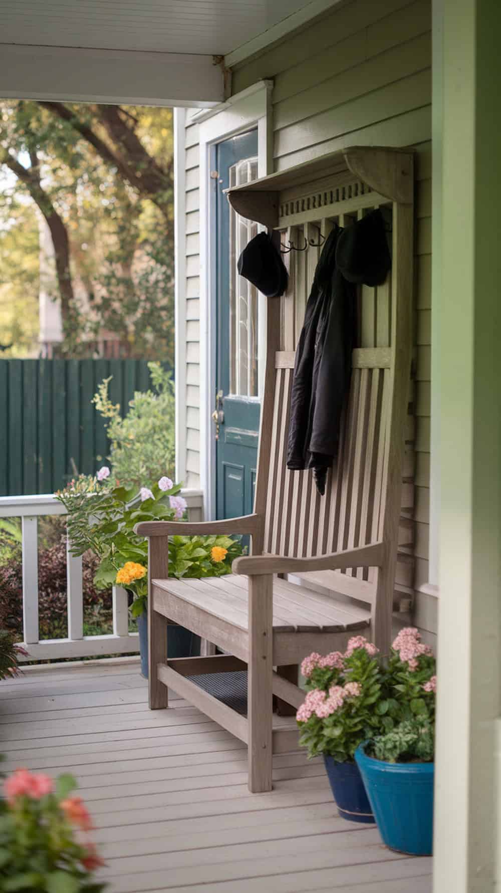 A narrow bench with a tall back and hooks above, surrounded by flower pots on a porch.