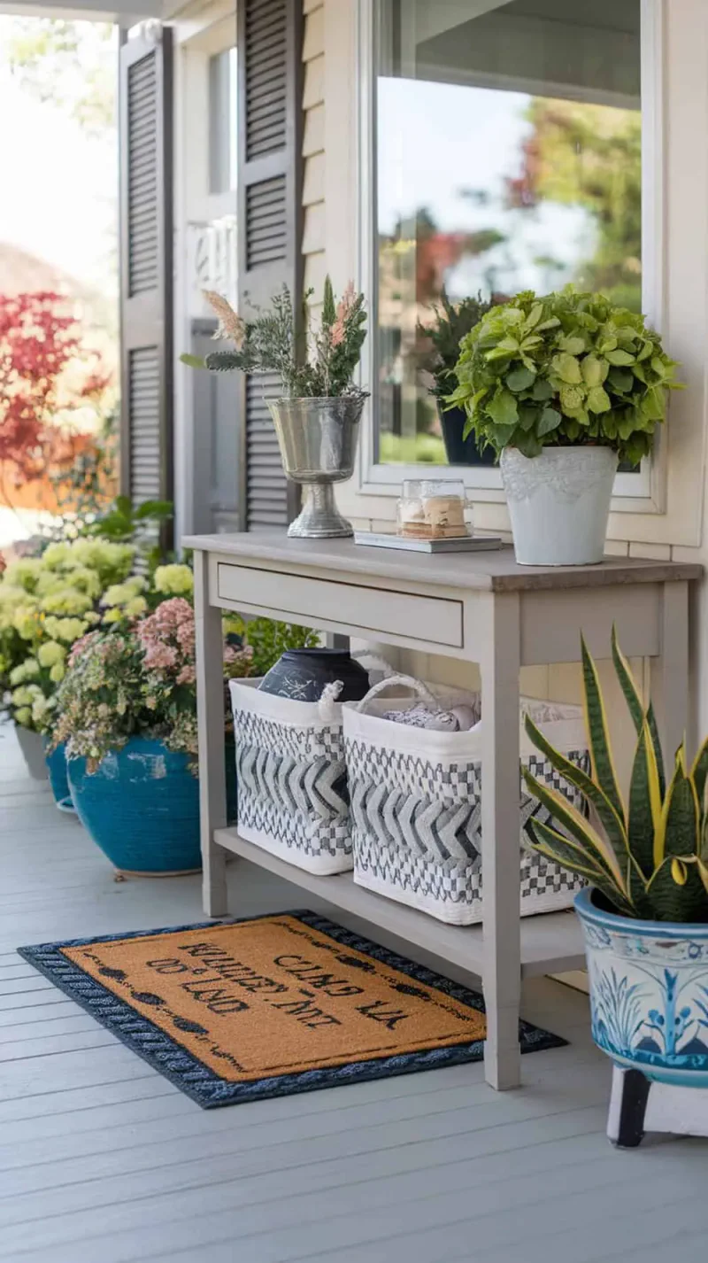 A narrow console table with storage baskets on a porch, decorated with plants and a welcome mat.