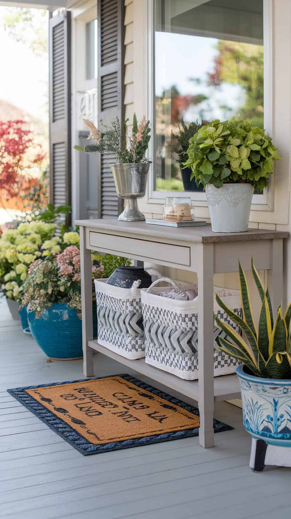 A narrow console table with storage baskets on a porch, decorated with plants and a welcome mat.