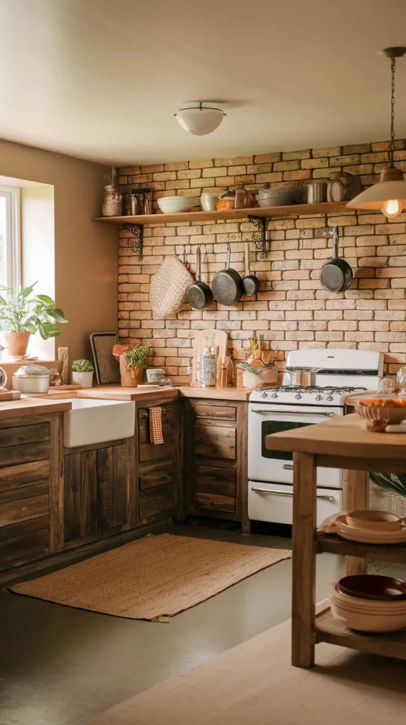 A cozy farmhouse kitchen featuring a natural brick backsplash with a matte sealant finish, wooden cabinets, and rustic decor.