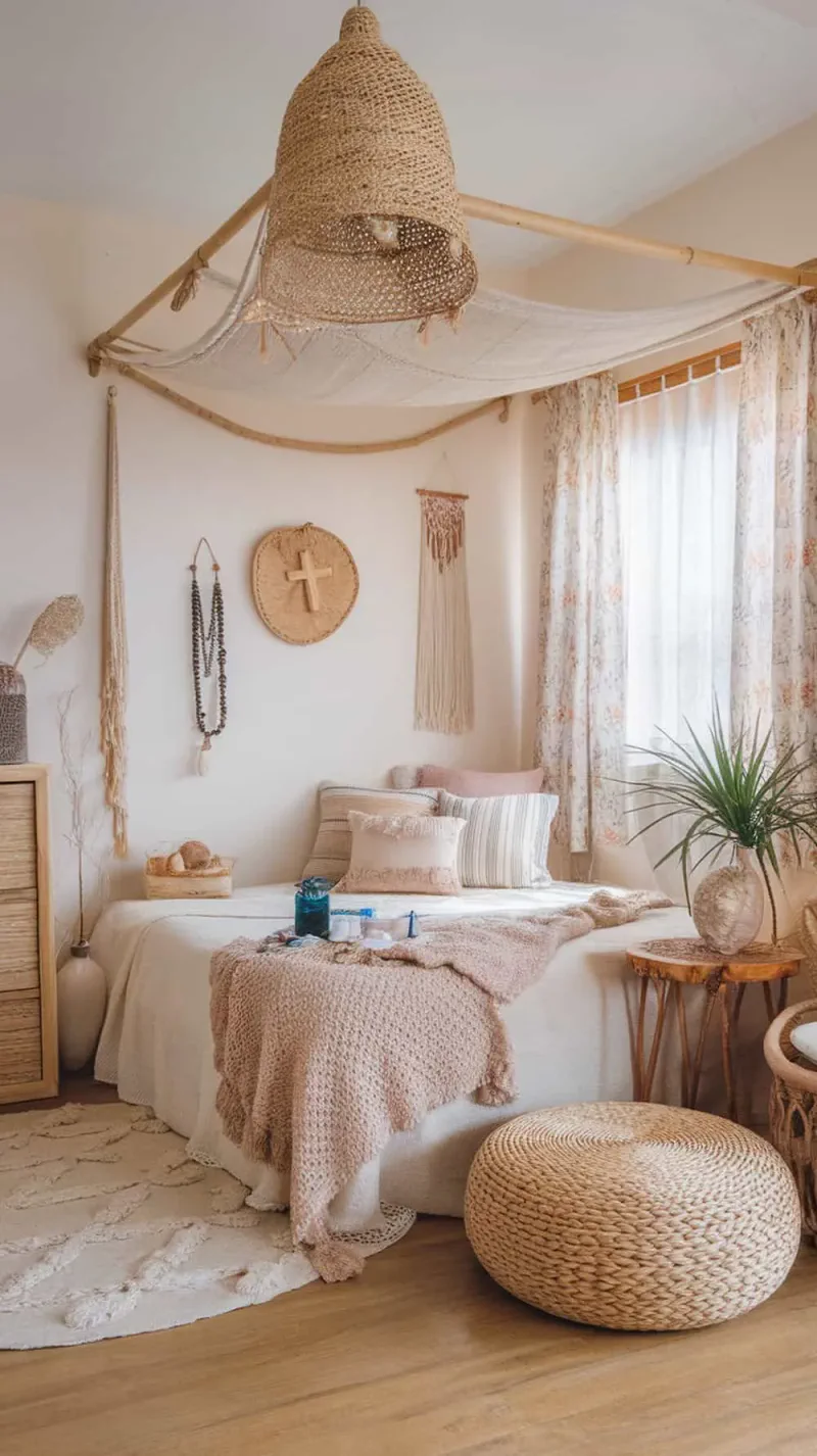 A cozy boho coastal bedroom featuring a natural fiber pouf in the corner.
