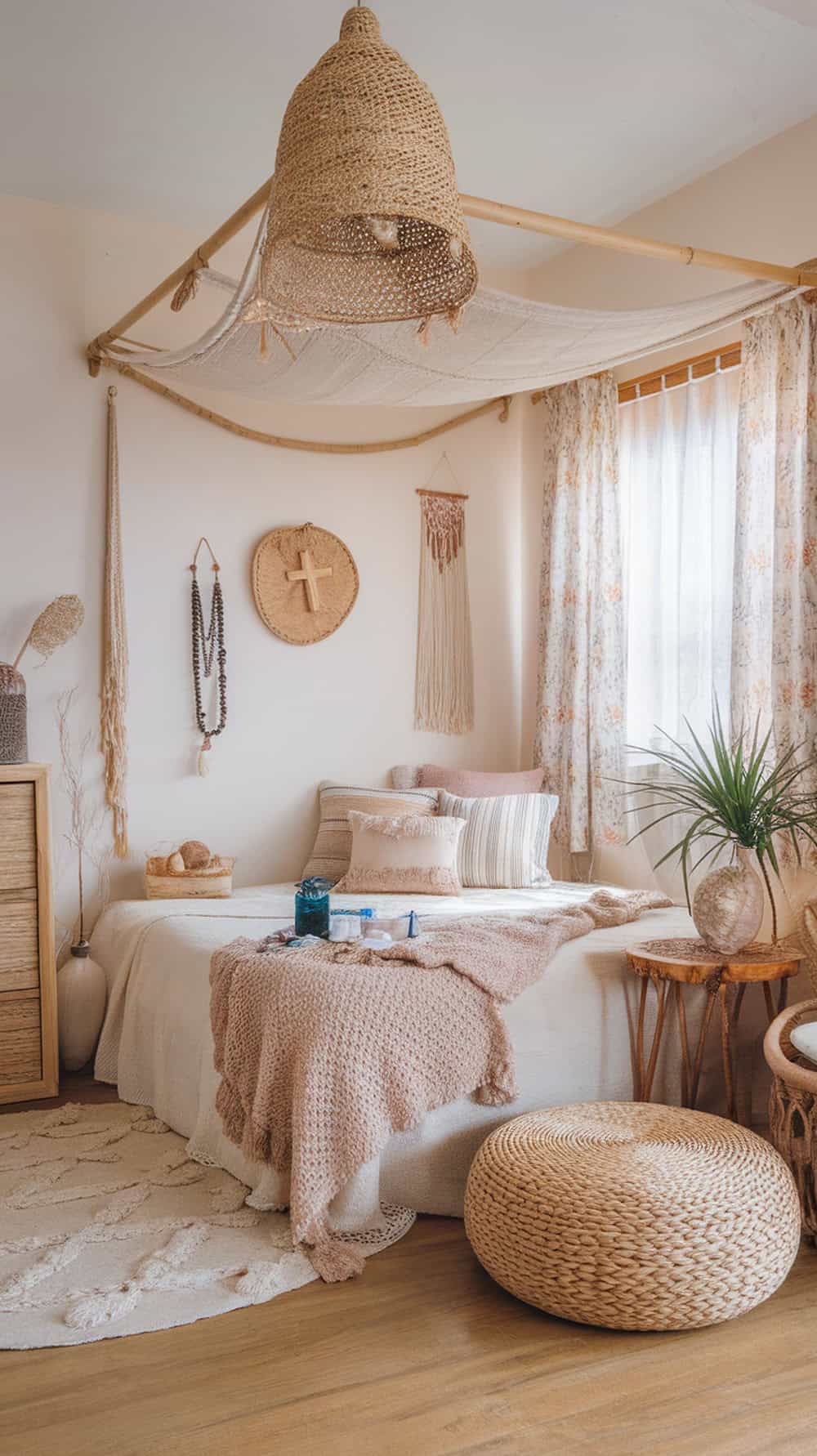 A cozy boho coastal bedroom featuring a natural fiber pouf in the corner.