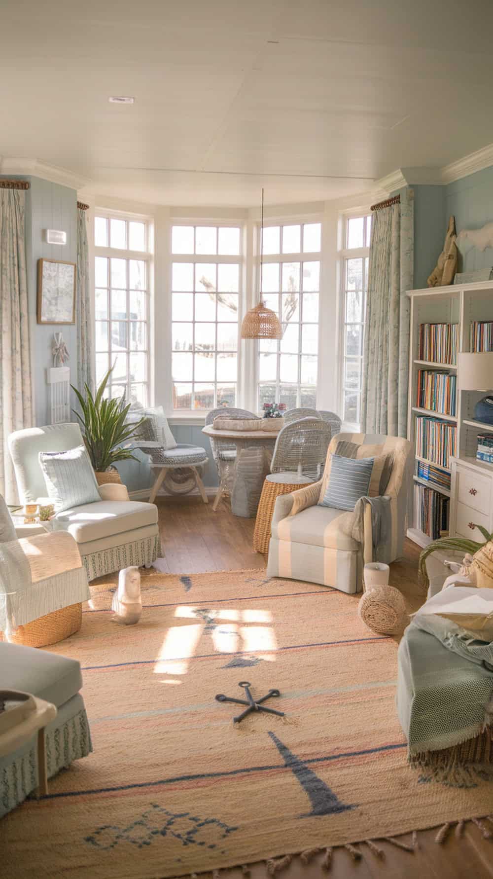 A cozy coastal living room featuring natural fiber rugs and soft pastel tones.