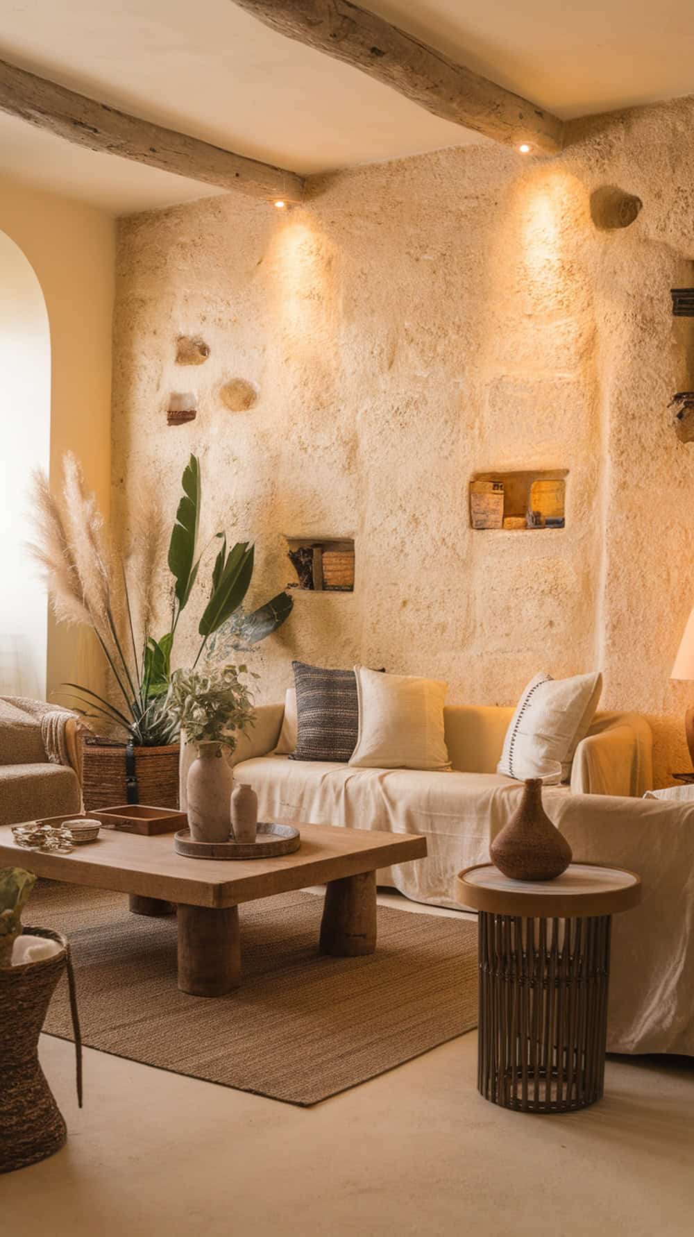 Living room with a natural stone accent wall, cozy furniture, and plants.