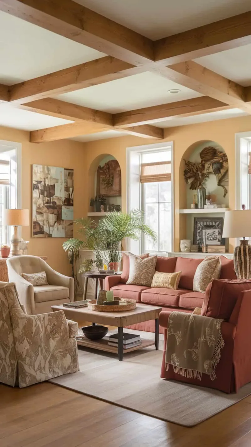 Living room with natural wood beams across the ceiling, featuring cozy furniture and warm colors.