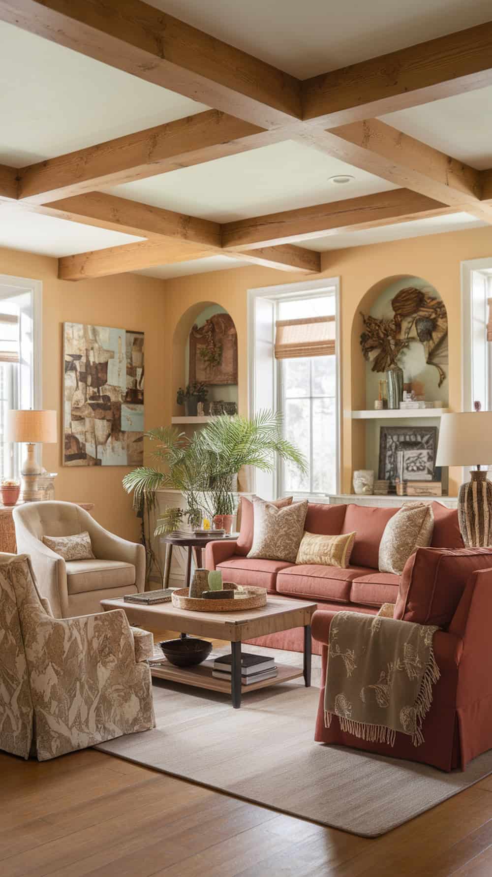 Living room with natural wood beams across the ceiling, featuring cozy furniture and warm colors.