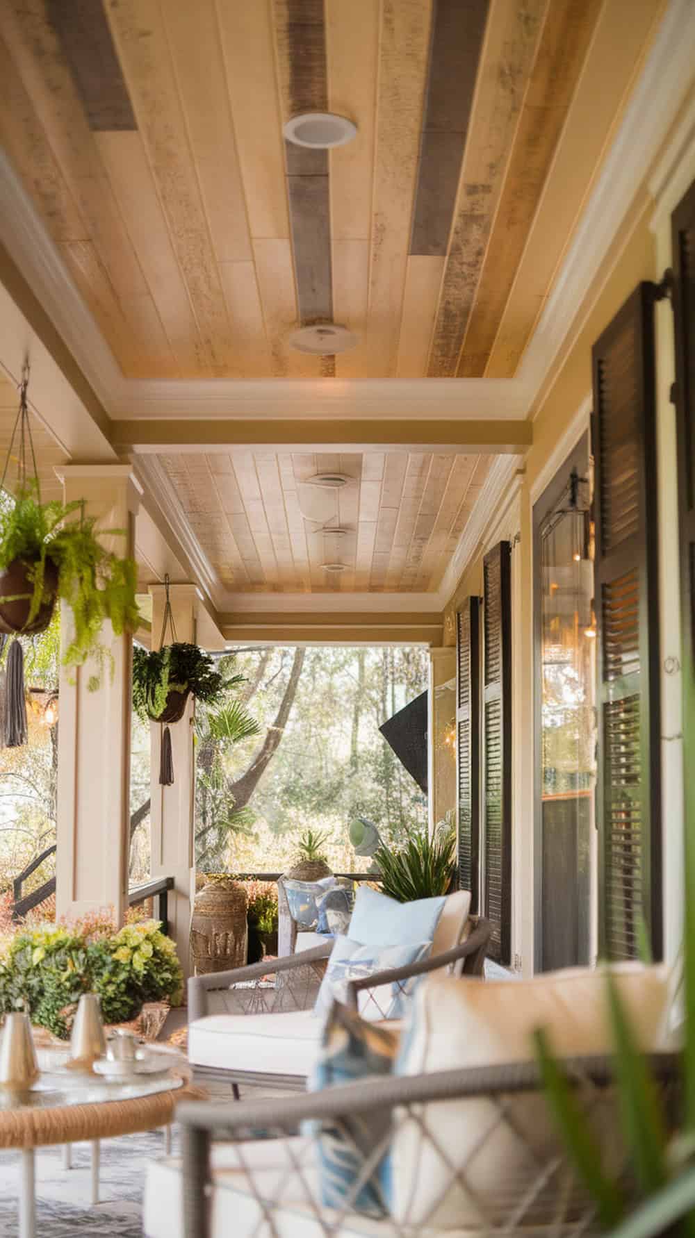 A porch with a ceiling made of natural wood planks, showcasing warm tones and inviting decor.
